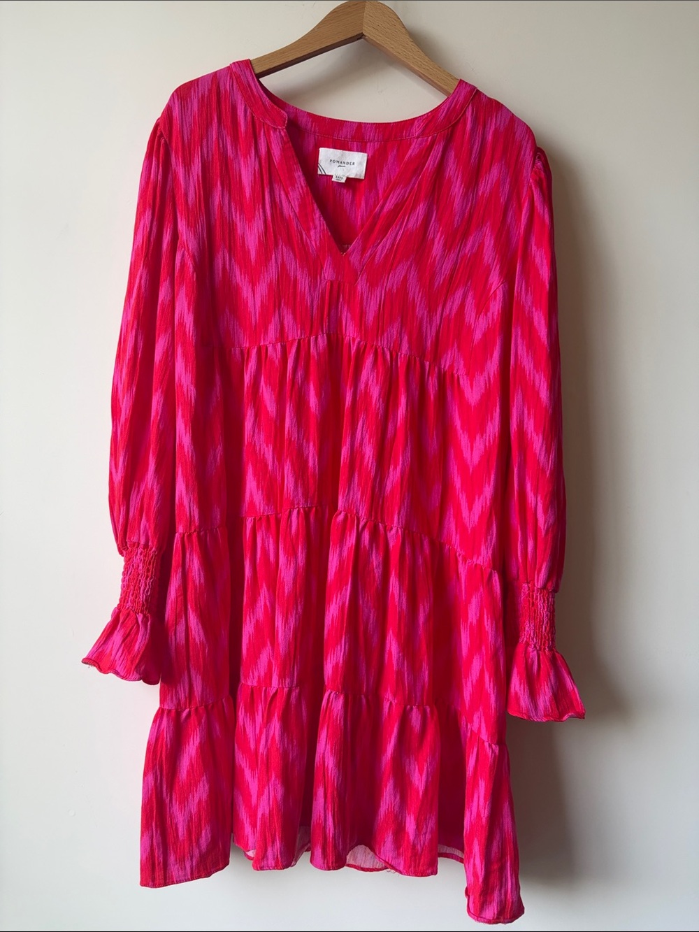 POMANDER PLACE Hot Pink + Red Ikat Kenzo Tiered Midi Dress Women’s Size XXL